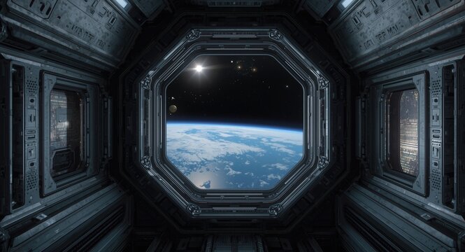 Realistic sci fi spacecraft corridor showing window to Earth in high detail 3D