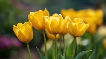 Obraz premium Yellow tulips blooming in blurred garden background