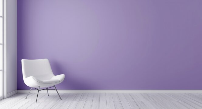 Minimalist living room interior featuring a violet blank wall and modern white chair
