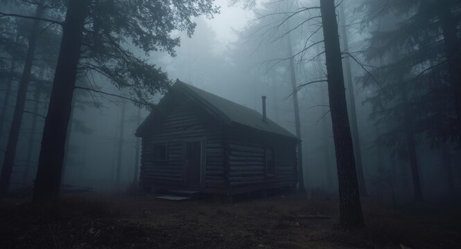 Ghostly wood cabin immersed in thick fog within dark forest