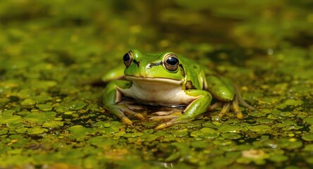 Obraz premium Extreme close-up of a brilliant green frog perched on green algae in a clear pond