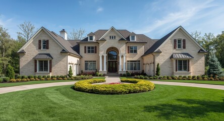 Fototapeta premium Lavish custom house with a broad manicured front garden and stylish architectural accents