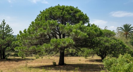 Fototapeta premium Full profile of Araucaria heterophylla conifer tree outdoors