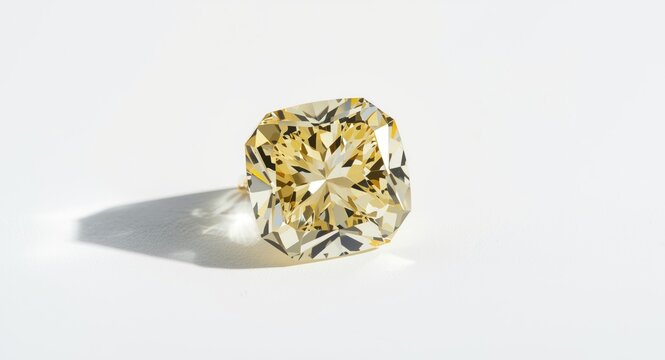 Brilliant cushion cut yellow diamond with exceptional clarity casting soft shadows on a pristine white background