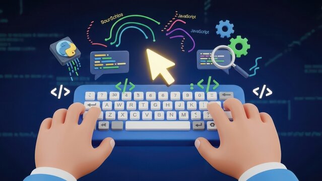 Hands typing on a keyboard with digital icons and symbols floating above
