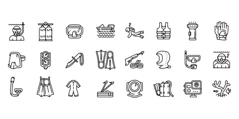 Snorkeling equipment icon set. Mask, goggles, oxygen, gloves, boat, flippers, flashlight, and diver's helmet, Editable line vector illustration, isolated on transparent background. © IconSade