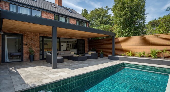 Contemporary home extension with sheltered stone deck patio and courtyard displaying green tiled pool and wooden slat wall