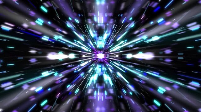 time warp tunnel jump to hyperspace as neon lights strobe and whizz rapidly past the camera into a never ending vortex to suggest sci-fi time travel or a jump to another dimension 4K animation