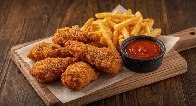 Golden chicken strips paired with crispy fries and barbecue dipping sauce on wood