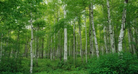 Fototapeta premium Light filled spring birch grove with vivid green leaves and natural copy space