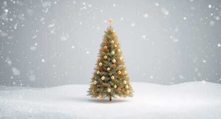 Fototapeta premium Seasonal 3D Christmas tree set in soft focused snowy winter landscape with snowflakes