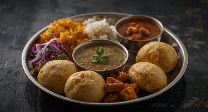 Classic Maharashtrian meal plate with savory and sweet dishes including modak