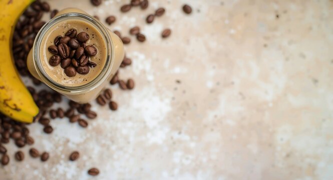 Healthy espresso maca banana smoothie inside glass jar with coffee beans laid out on a soft textured background and room for text
