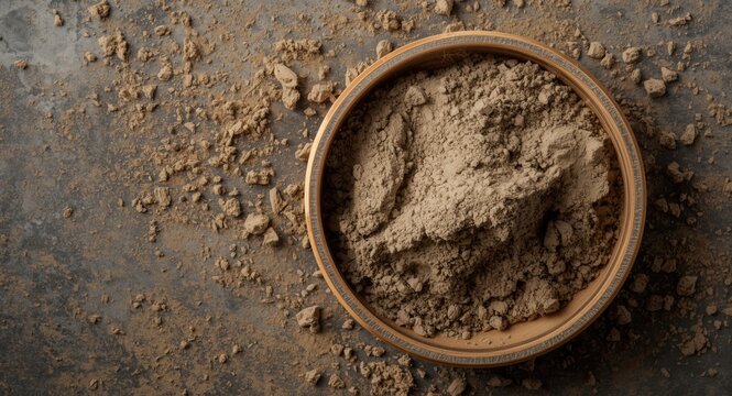 Natural body wrap bentonite clay powder in bowl top view with copy space