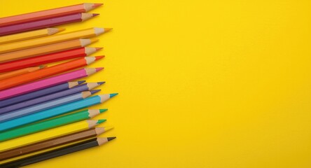 Fototapeta premium Bright colored pencils arranged on a yellow background symbolizing school reopening and promotional sales
