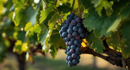 Naklejka premium Ripe seedless grape cluster flourishing on vineyard vine with abundant grape leaves