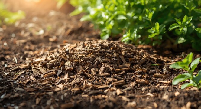 Recycled tree bark chips applied as mulch for sustainable farming soil care