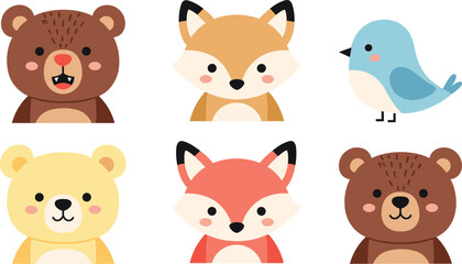 Obraz premium Cute Cartoon Animal Faces Set Featuring Bear, Fox, and Bird Characters in Simple Flat Style for Kids Nursery Design and Wildlife Illustration Projects.