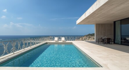 Fototapeta premium Sleek terrace area combined with a blue swimming pool and artistic concrete railings
