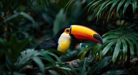 Naklejka premium Exotic toucan with colorful beak resting in lush jungle foliage