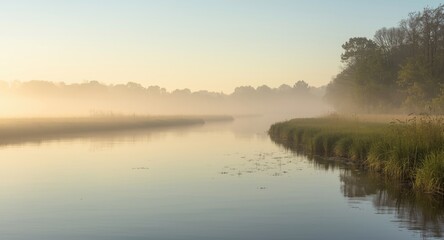 Obraz premium Quiet river stretch glowing faintly at daybreak