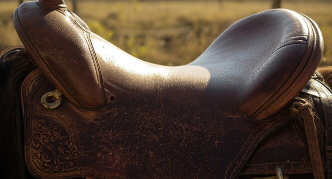 Close up image of aged leather horse saddle glowing under bright sunlight