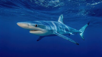 Naklejka premium Blue shark cruising close to water surface in deep ocean
