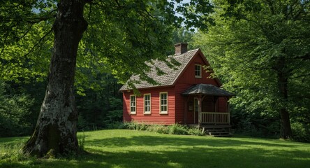 Fototapeta premium Picturesque red cottage placed in the heart of a verdant tree landscape
