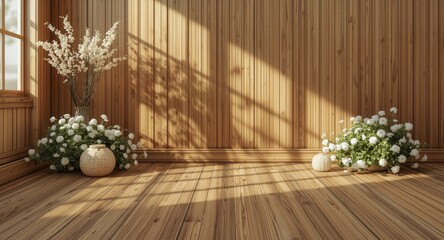 Fototapeta premium Natural warm light scene with moisture resistant wooden flooring and fresh white floral accents