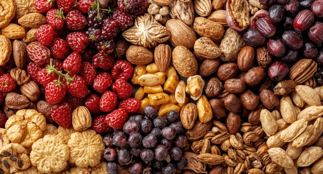 Assortment of dried fruits and nuts with copyspace for text