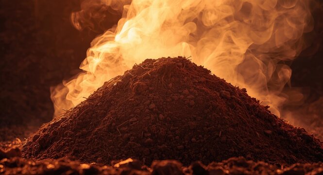 Close view of warm red clay heap with rising steam