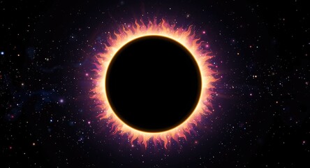 Fototapeta premium Shimmering colorful glow encircling a solar eclipse in 3D cartoon design with a starry cosmic backdrop