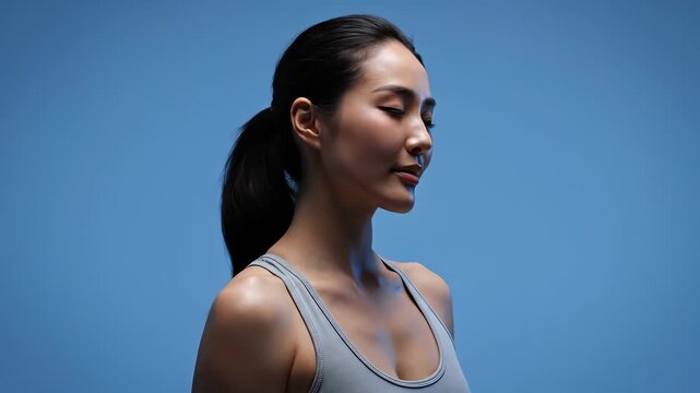 Serene Contemplation: A woman radiates tranquility with eyes gently closed, embodies mindfulness and inner peace. She finds solace in a moment of quiet reflection against a clear backdrop. 