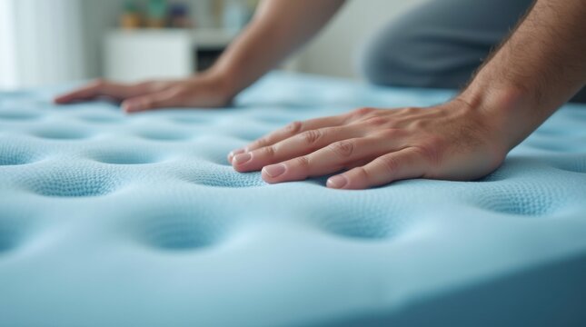 Male hands pressing on blue memory foam mattress to check firmness. Close up of man testing orthopedic bed surface texture in medical or store setting 

