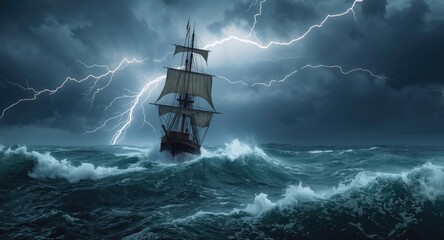 Obraz premium Old sailing ship in fierce storm conditions with rolling sea waves and jagged lightning bolts