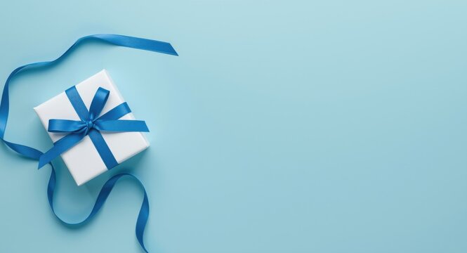Flat lay of blue ribbon tied white gift on light blue surface with copy space for festive card