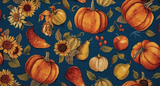 Fabric pattern perfect for holiday textiles showing pumpkins, gourds, sunflowers, apples, and pears on deep blue
