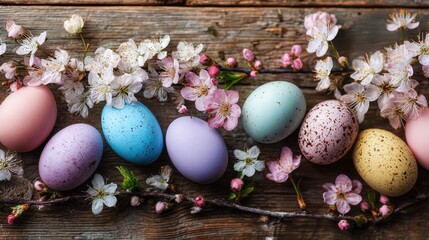 Obraz premium Speckled pastel eggs displayed with cherry blossoms on wood