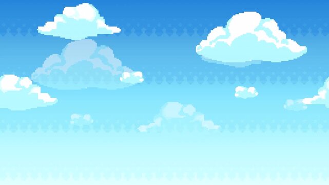 Retro 8-Bit Pixel Art Cloud Background &ndash; Seamless Loop Sky Animation with Soft Blue Gradient and Fluffy Clouds