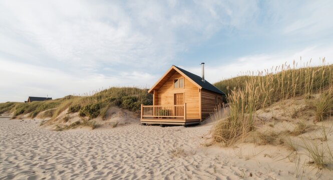 Cozy petite wooden cabin surrounded by sandy coastline sands
