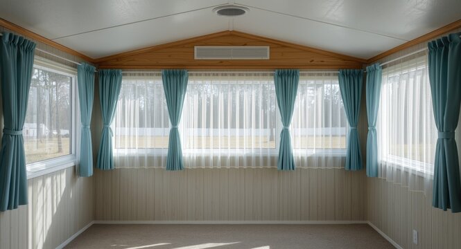 Natural light fills a mobile home interior with fiberglass privacy windows and light blue drapes plus empty copy space
