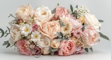 Fototapeta premium Pastel peonies and roses arrangement on white backdrop
