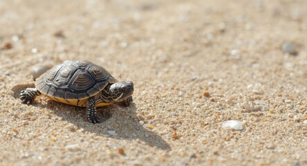Obraz premium Playful baby turtle exploring sandy landscape after hatching with copyspace for text