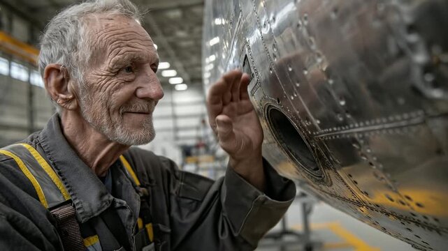 Experienced aircraft mechanic portrait. Senior man inspecting engine part. Dedicated worker with decades of experience. Proud craftsman in hangar setting. Focused and determined professional.