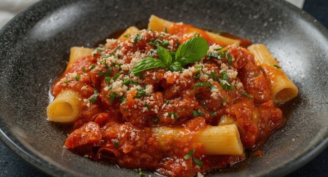 Rigatoni with guanciale cooked in a rich and tangy tomato sauce