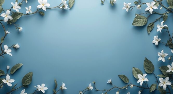 Soft blue editorial background embellished with jasmine flowers and leafy vine patterns