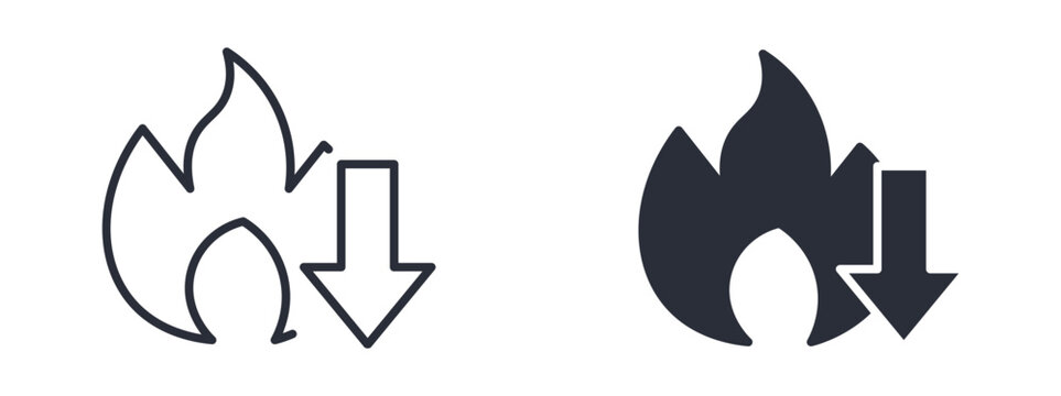 Fire decrease icon set, heat reduction cooling down flame arrow symbol, outline and solid style. Vector illustration.