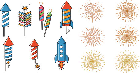 Fototapeta premium Firework Rockets and Burst Elements Vector Set Featuring Colorful Celebration Firecrackers, Sparkle Explosions, and Festive Effects for Holiday and Party Design Projects.