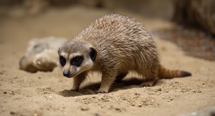 Fototapeta premium Captive meerkat exploring sandy enclosure with keen interest