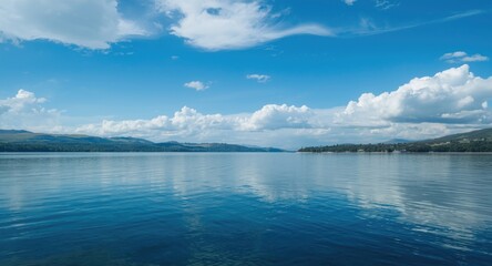 Obraz premium Fantastic wallpaper featuring a calm lake landscape with soft white clouds under a blue sky background